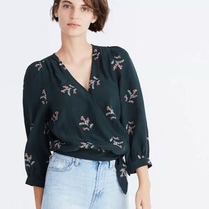 Madewell Dark Green Floral 100% Silk Wrap Top in Size XXS